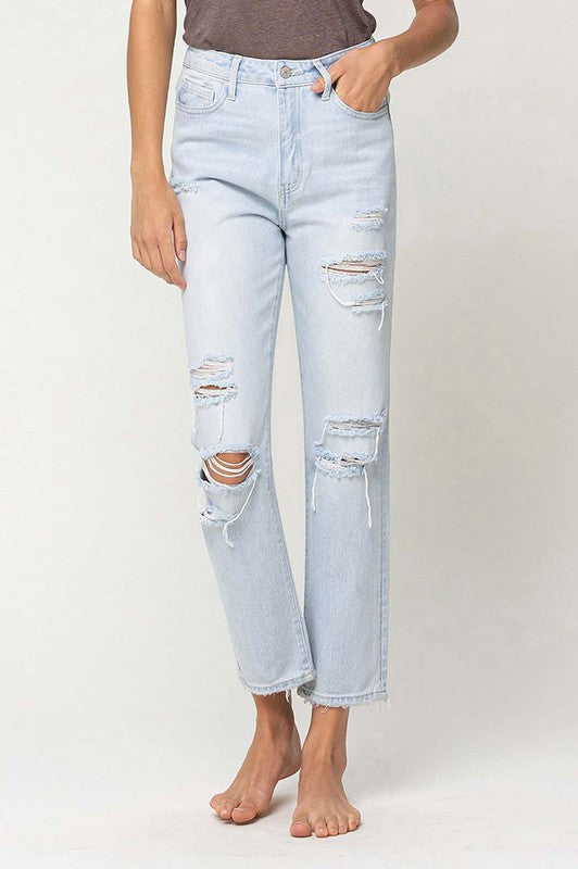 SUPER HIGH RISE DISTRESSED CROP STRAIGHT - Premium  from VERVET by Flying Monkey - Just $43.44! Shop now at Alexi and Gray