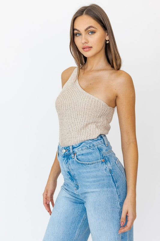 ONE SHOULDER TAPE YARN KNIT TOP - Premium  from LE LIS - Just $22.00! Shop now at Alexi and Gray