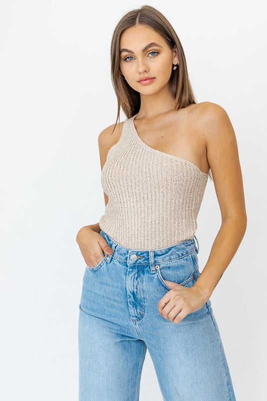 ONE SHOULDER TAPE YARN KNIT TOP - Premium  from LE LIS - Just $22.00! Shop now at Alexi and Gray