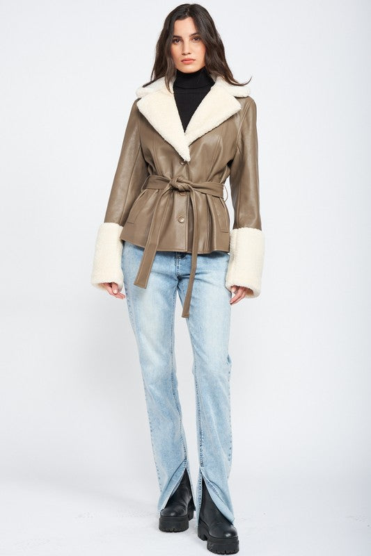 BELTED FAUX SHEARING TRIMMED JACKET - Premium  from Emory Park - Just $96.20! Shop now at Alexi and Gray