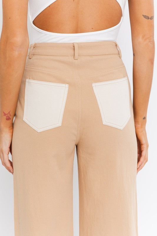 COLOR BLOCK TWILL STRAIGHT PANTS - Premium  from LE LIS - Just $42.90! Shop now at Alexi and Gray