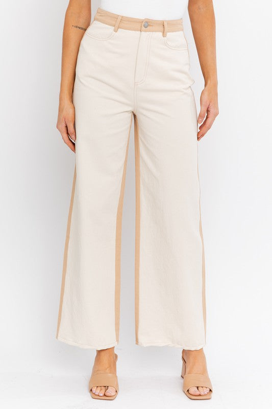 COLOR BLOCK TWILL STRAIGHT PANTS - Premium  from LE LIS - Just $42.90! Shop now at Alexi and Gray