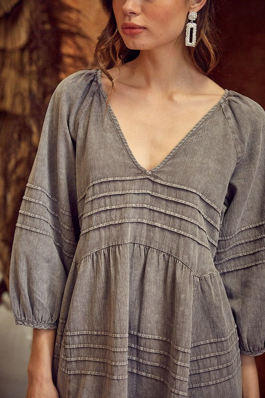 V NECK PLEATED DETAIL WASHED DRESS - Premium  from Mustard Seed - Just $54.44! Shop now at Alexi and Gray