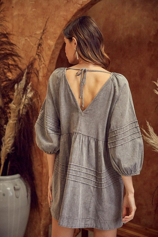 V NECK PLEATED DETAIL WASHED DRESS - Premium  from Mustard Seed - Just $54.44! Shop now at Alexi and Gray