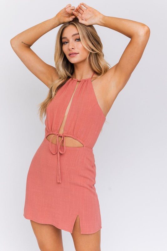 RYLIE HALTER NECK OPEN FRONT DRESS - Premium  from LE LIS - Just $23.32! Shop now at Alexi and Gray