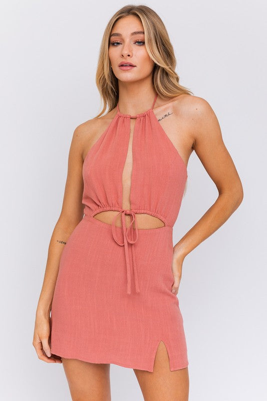 RYLIE HALTER NECK OPEN FRONT DRESS - Premium  from LE LIS - Just $23.32! Shop now at Alexi and Gray