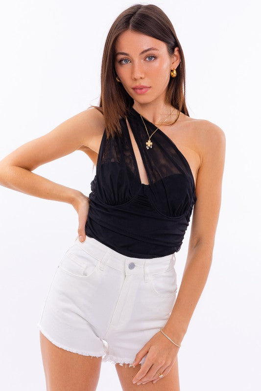 ONE SHOULDER DETAIL MESH BODYSUIT - Premium  from LE LIS - Just $40.70! Shop now at Alexi and Gray