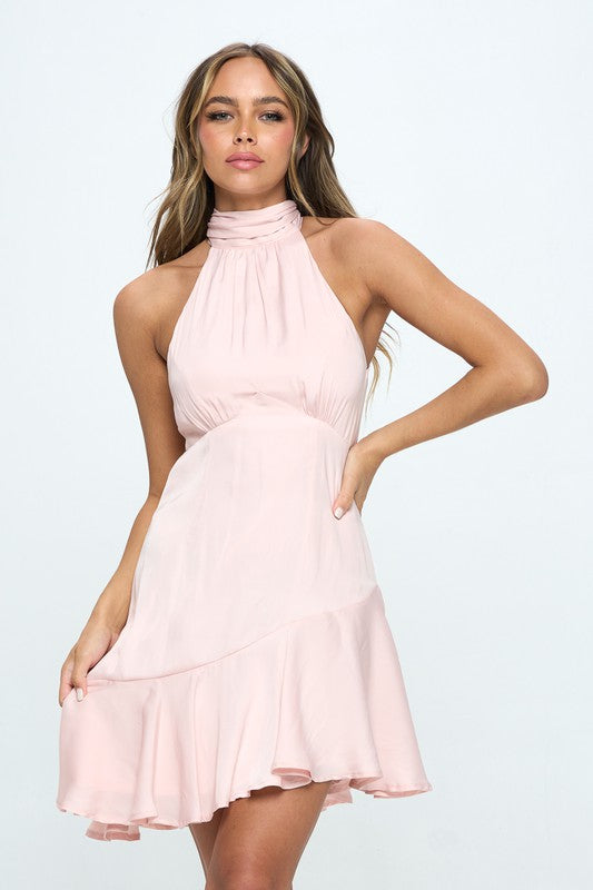 Halter Neck Satin Mini Dress - Premium  from One and Only Collective Inc - Just $64.26! Shop now at Alexi and Gray