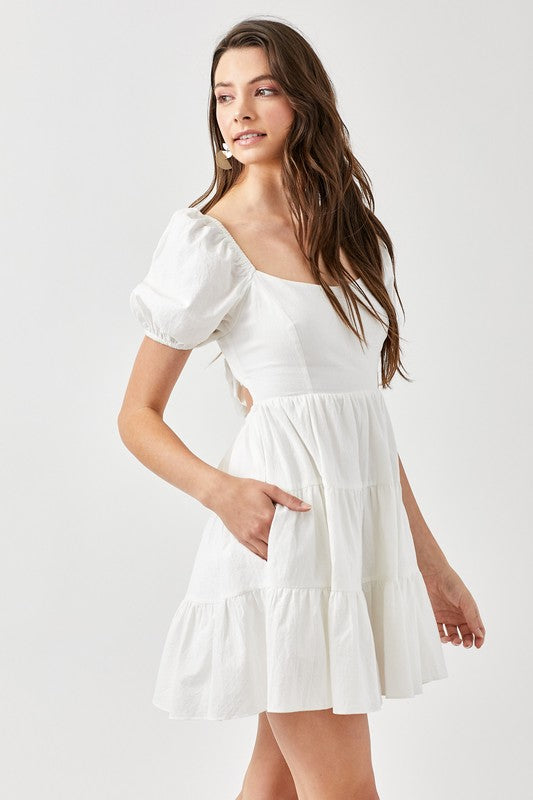 PUFF SLEEVE BACK DOUBLE TIE TIERED DRESS - Premium  from Mustard Seed - Just $51.70! Shop now at Alexi and Gray