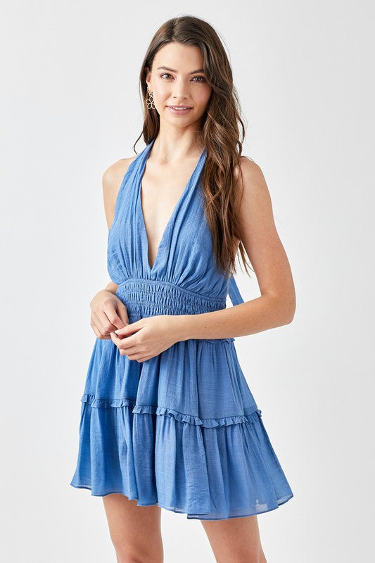 HALTER NECK SMOCKED RUFFLE DRESS - Premium  from Mustard Seed - Just $45.10! Shop now at Alexi and Gray