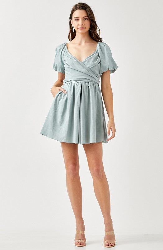 CROSS WRAP FRONT PUFF SLEEVE DRESS - Premium  from Mustard Seed - Just $61.04! Shop now at Alexi and Gray