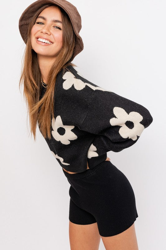 Long Sleeve Crop Sweater with Daisy Pattern - Premium  from LE LIS - Just $51.66! Shop now at Alexi and Gray