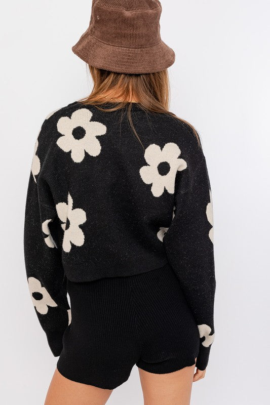 Long Sleeve Crop Sweater with Daisy Pattern - Premium  from LE LIS - Just $51.66! Shop now at Alexi and Gray