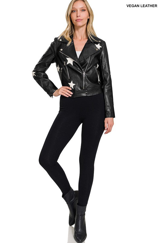 Vegan Leather Star Patch Moto Jacket - Premium  from ZENANA - Just $26.18! Shop now at Alexi and Gray