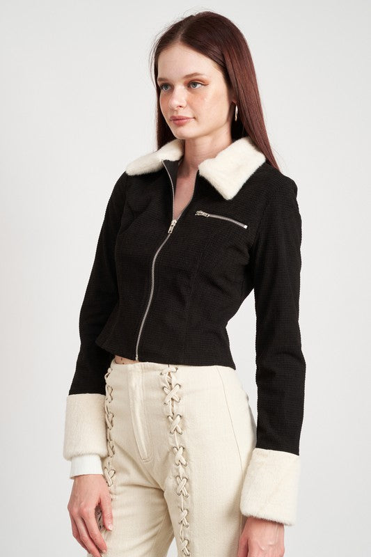 CONTRASTED COLLAR AND CUFF CROP JACKET - Premium  from Emory Park - Just $65.00! Shop now at Alexi and Gray