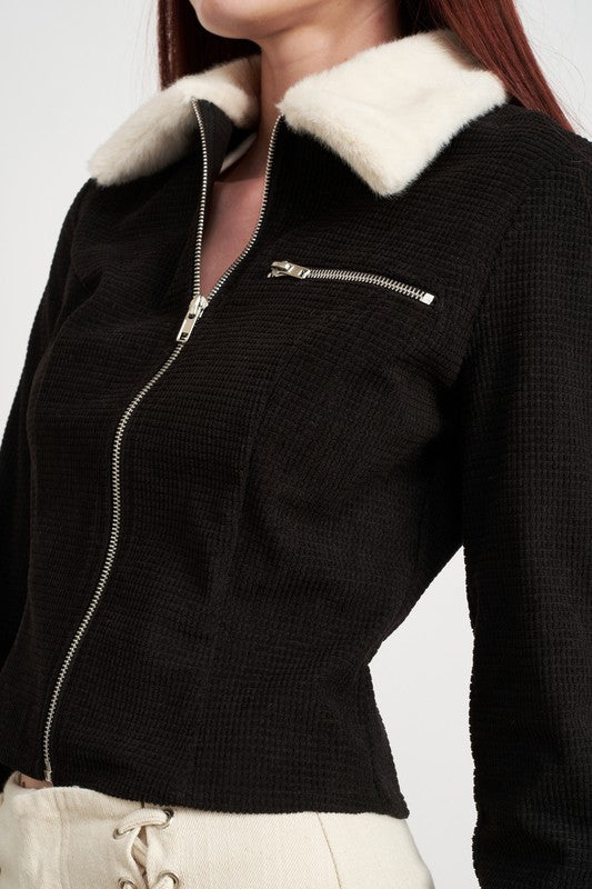 CONTRASTED COLLAR AND CUFF CROP JACKET - Premium  from Emory Park - Just $65.00! Shop now at Alexi and Gray