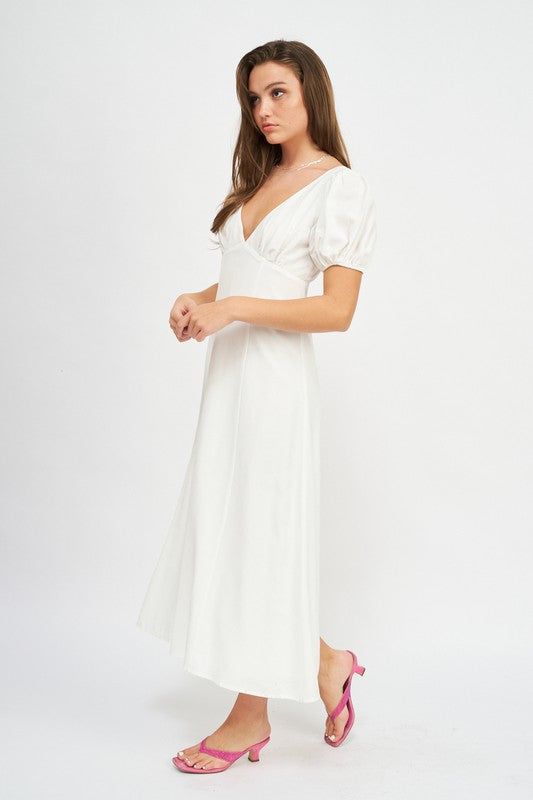 V NECK MAXI DRESS WITH PUFF SLEEVES - Premium  from Emory Park - Just $65.00! Shop now at Alexi and Gray