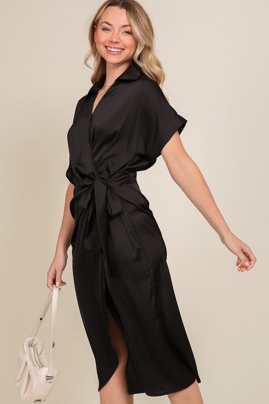 SURPLICE SATIN WRAP DRESS - Premium  from TIMING - Just $39.04! Shop now at Alexi and Gray