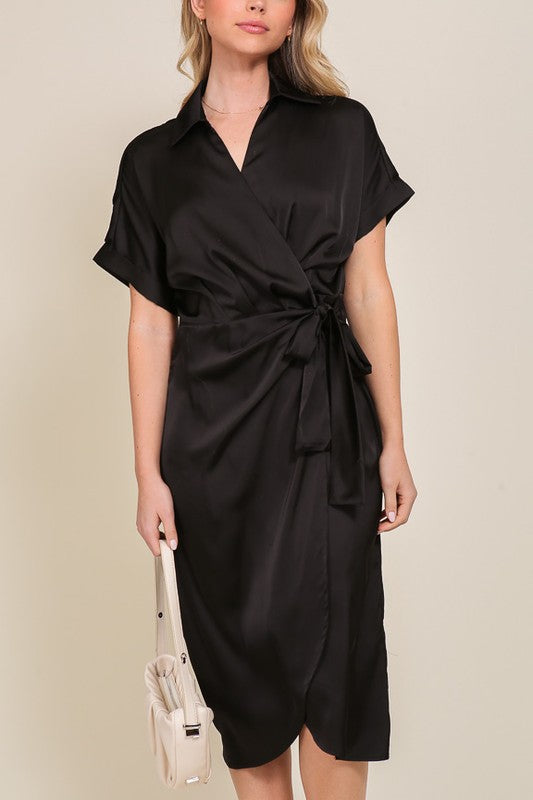 SURPLICE SATIN WRAP DRESS - Premium  from TIMING - Just $39.04! Shop now at Alexi and Gray