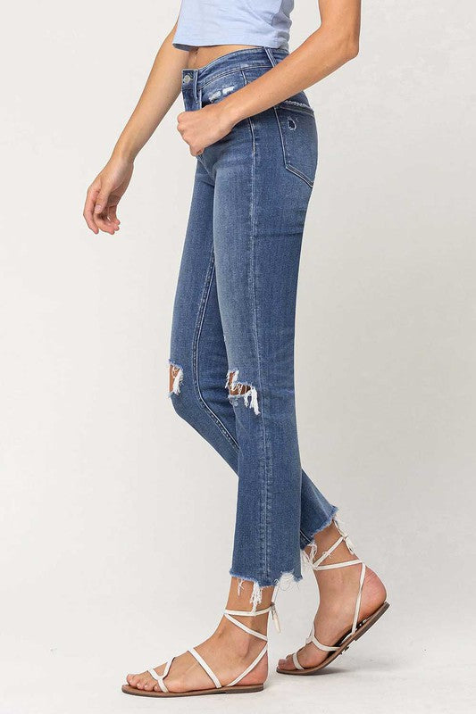 High Rise Distressed Hem Ankle Slim Straight Jeans - Premium  from Flying Monkey - Just $67.50! Shop now at Alexi and Gray