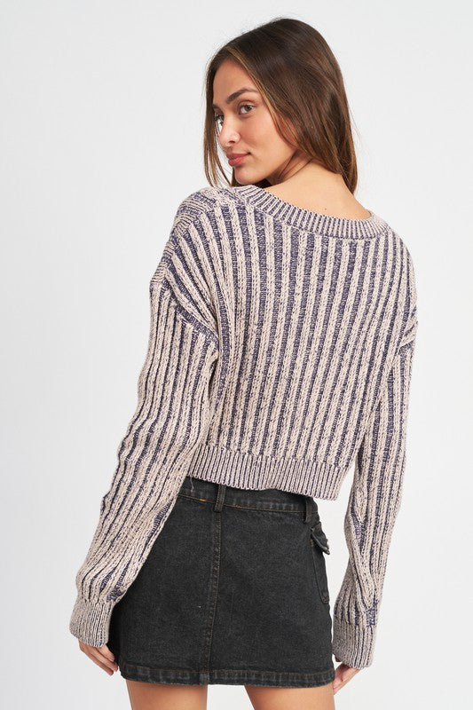 CONTRASTED CABLE KNIT SWEATER TOP - Premium  from Emory Park - Just $46.80! Shop now at Alexi and Gray