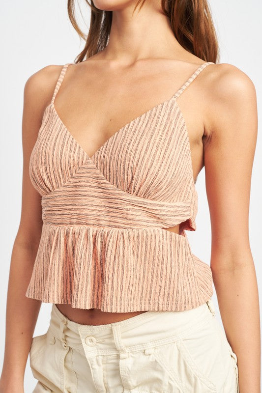 CROPPED SIDE CUT SPAGHETTI STRAP TOP - Premium  from Emory Park - Just $39.00! Shop now at Alexi and Gray