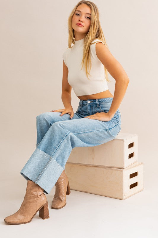 High-Waisted Wide Leg Cuffed Jeans - Premium  from LE LIS - Just $52.70! Shop now at Alexi and Gray