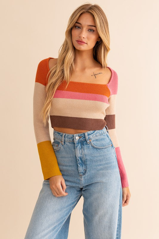 Long Sleeve Color Block Stripe Knit Top - Premium  from LE LIS - Just $37.32! Shop now at Alexi and Gray