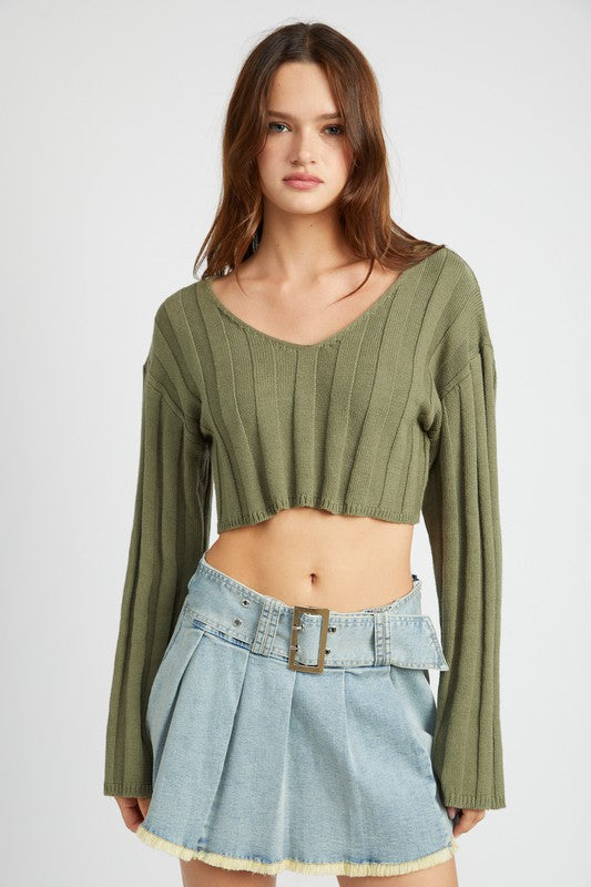 WIDE RIB LONG SLEEVE V NECK TOP - Premium  from Emory Park - Just $45.50! Shop now at Alexi and Gray