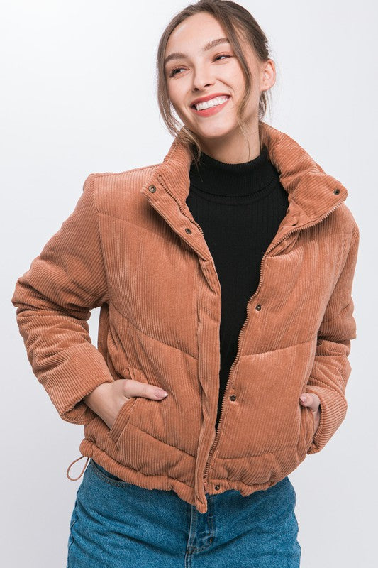 Corduroy Puffer Jacket with Toggle Detail - Premium  from Love Tree - Just $32.94! Shop now at Alexi and Gray