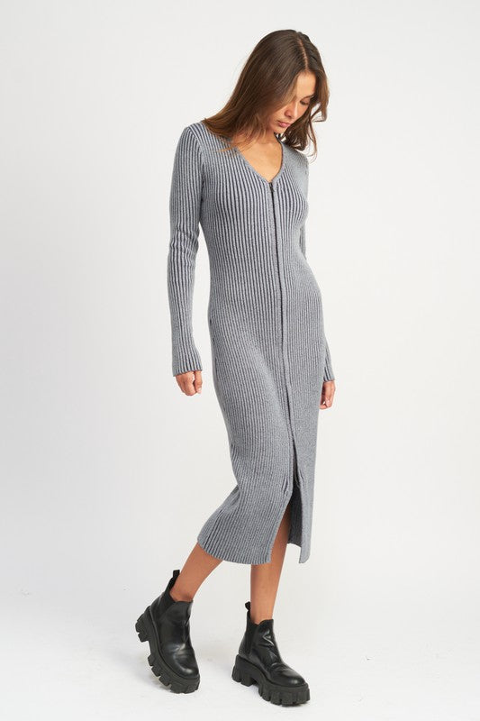 V NECK MIDI DRESS WITH TWO WAY ZIPPER - Premium  from Emory Park - Just $69.30! Shop now at Alexi and Gray
