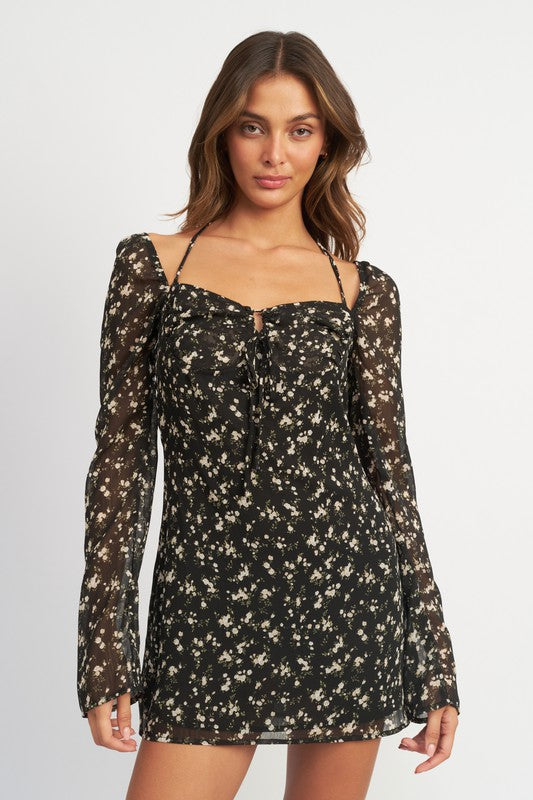 FLORAL LONG SLEEVE DRESS WITH HALTER DETAIL - Premium  from Emory Park - Just $57.20! Shop now at Alexi and Gray