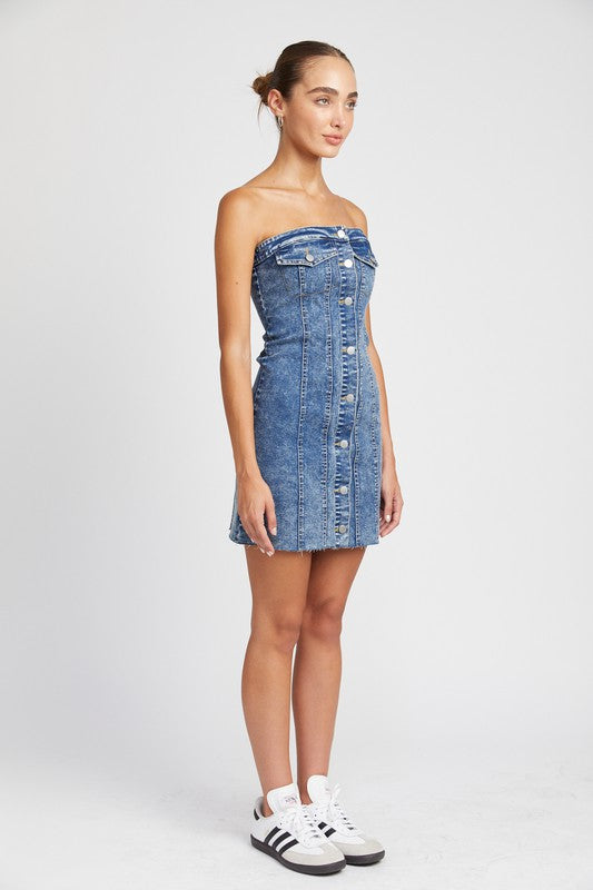 BUTTON DOWN TUBE DENIM DRESS - Premium  from Emory Park - Just $63.70! Shop now at Alexi and Gray