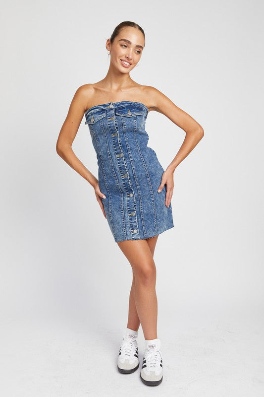BUTTON DOWN TUBE DENIM DRESS - Premium  from Emory Park - Just $63.70! Shop now at Alexi and Gray