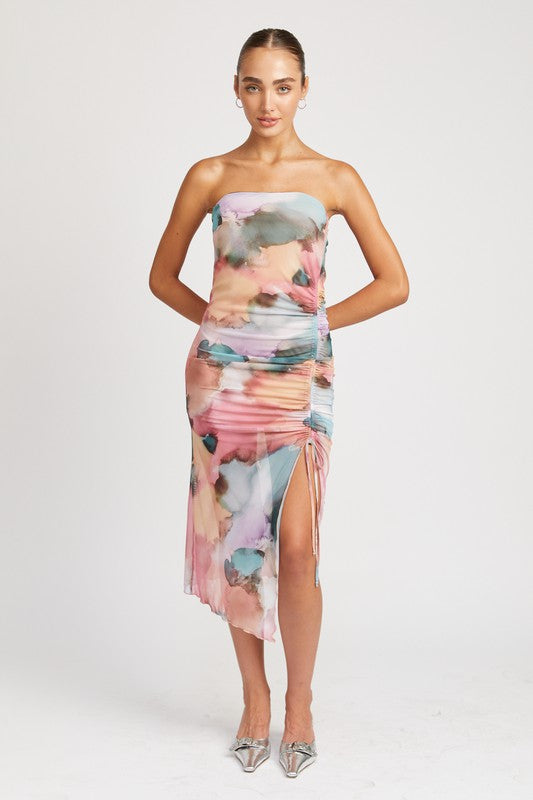 FLORAL SHIRRED MIDI DRESS WITH HIGH SLIT - Premium  from Emory Park - Just $54.60! Shop now at Alexi and Gray