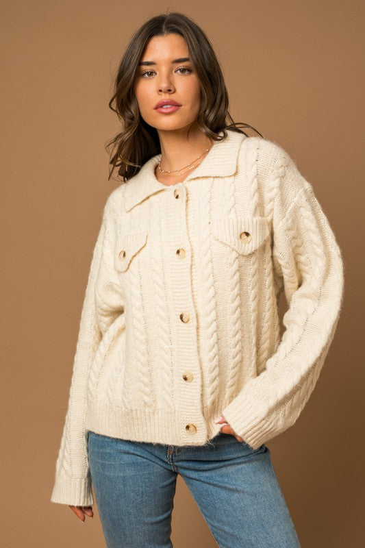 Collared Cable Sweater Cardigan - Premium  from Gilli - Just $60.38! Shop now at Alexi and Gray