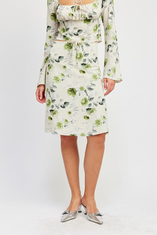 FLORAL MIDI SKIRT WITH FRONT DRAWSTRING - Premium  from Emory Park - Just $44.20! Shop now at Alexi and Gray