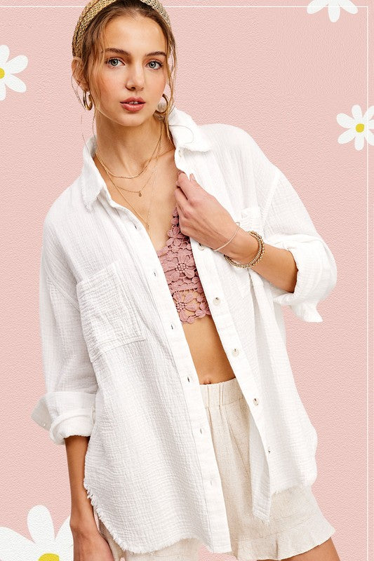 Soft Washed Crinkled Gauze Button Down Shirt - Premium  from La Miel - Just $41.60! Shop now at Alexi and Gray
