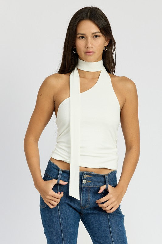 ONE SHOULDER TOP WITH SCARF DETAIL - Premium  from Emory Park - Just $33.80! Shop now at Alexi and Gray