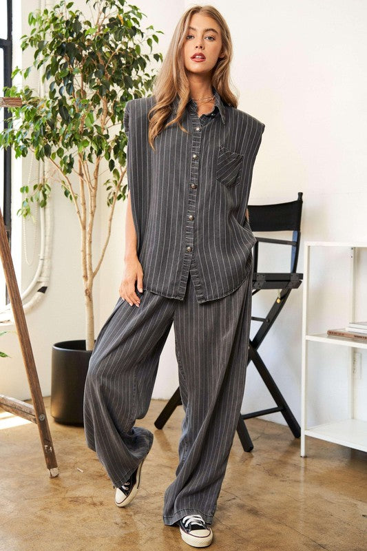 Stripe Button Down Shirt and Long Pants Set - Premium  from Davi & Dani - Just $87.94! Shop now at Alexi and Gray
