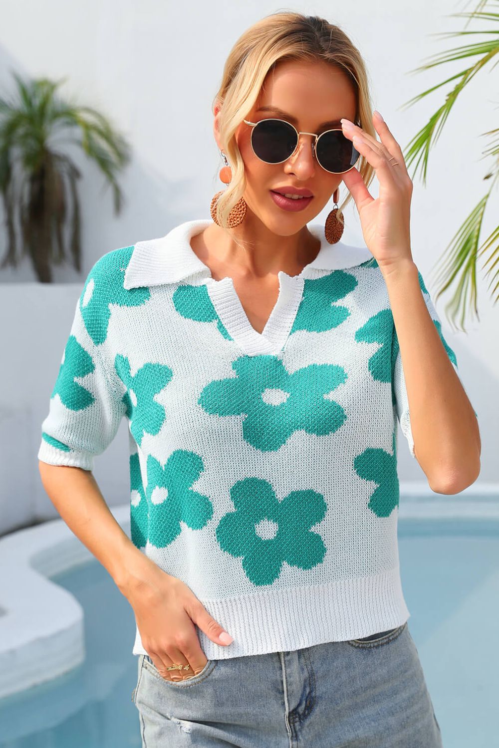 Floral Johnny Collar Half Sleeve Knit Top - Premium  from Alexi and Gray - Just $30.00! Shop now at Alexi and Gray