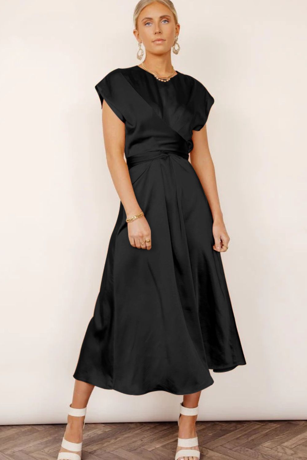 Satin Cap Sleeve Tie Back Midi Dress - Premium  from Trendsi - Just $35.00! Shop now at Alexi and Gray