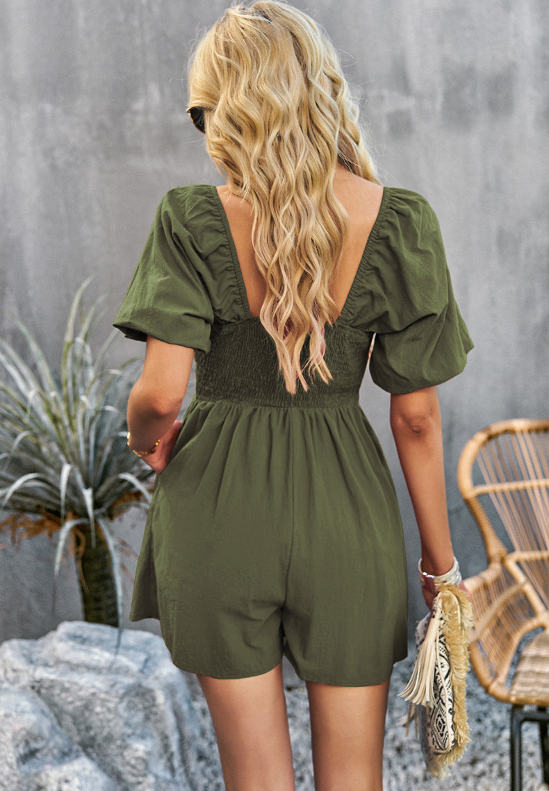 Square Neck Short Sleeve Smocked Romper - Premium  from Trendsi - Just $35.00! Shop now at Alexi and Gray