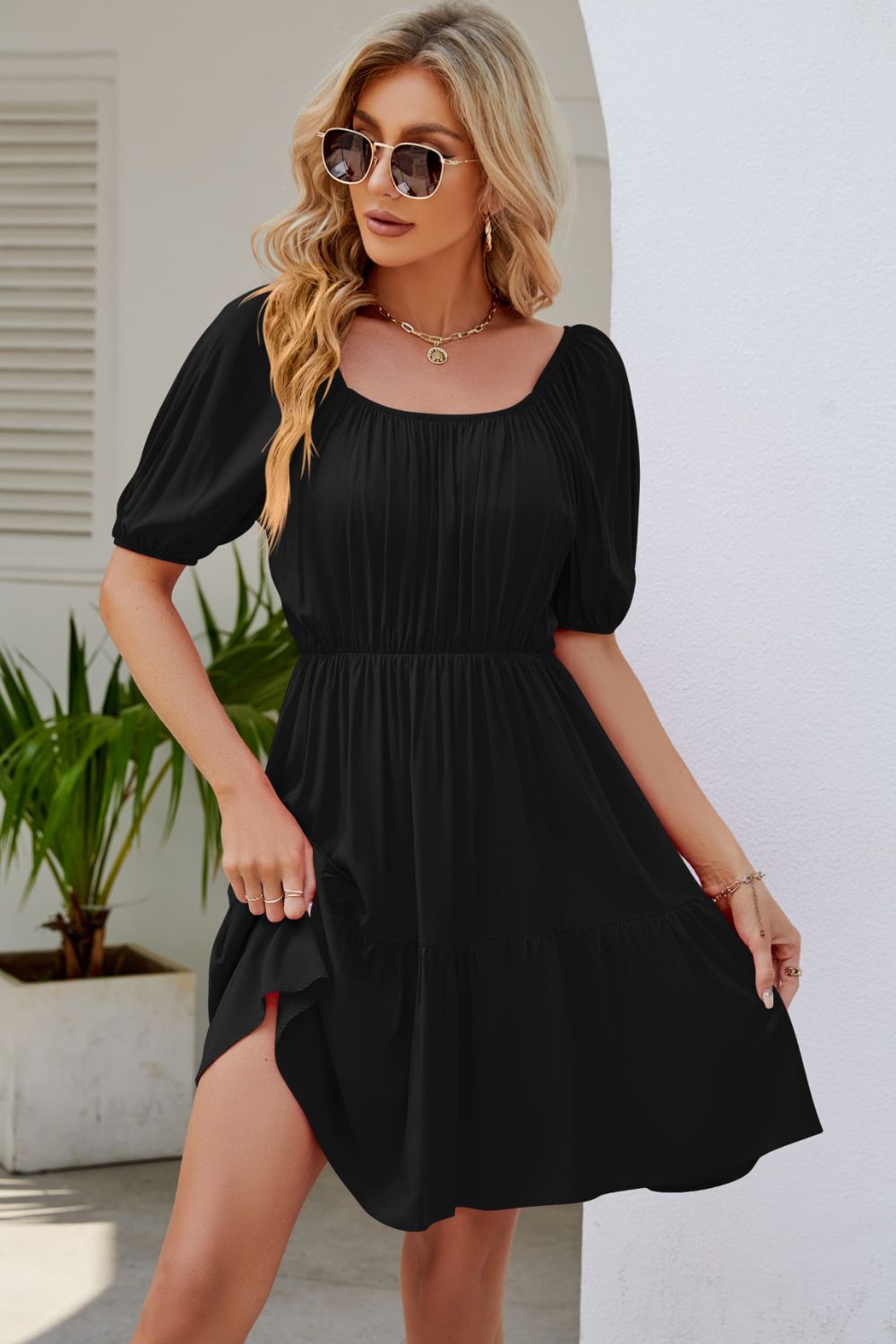Ruched Square Neck Puff Sleeve Mini Dress - Premium  from Trendsi - Just $27.00! Shop now at Alexi and Gray