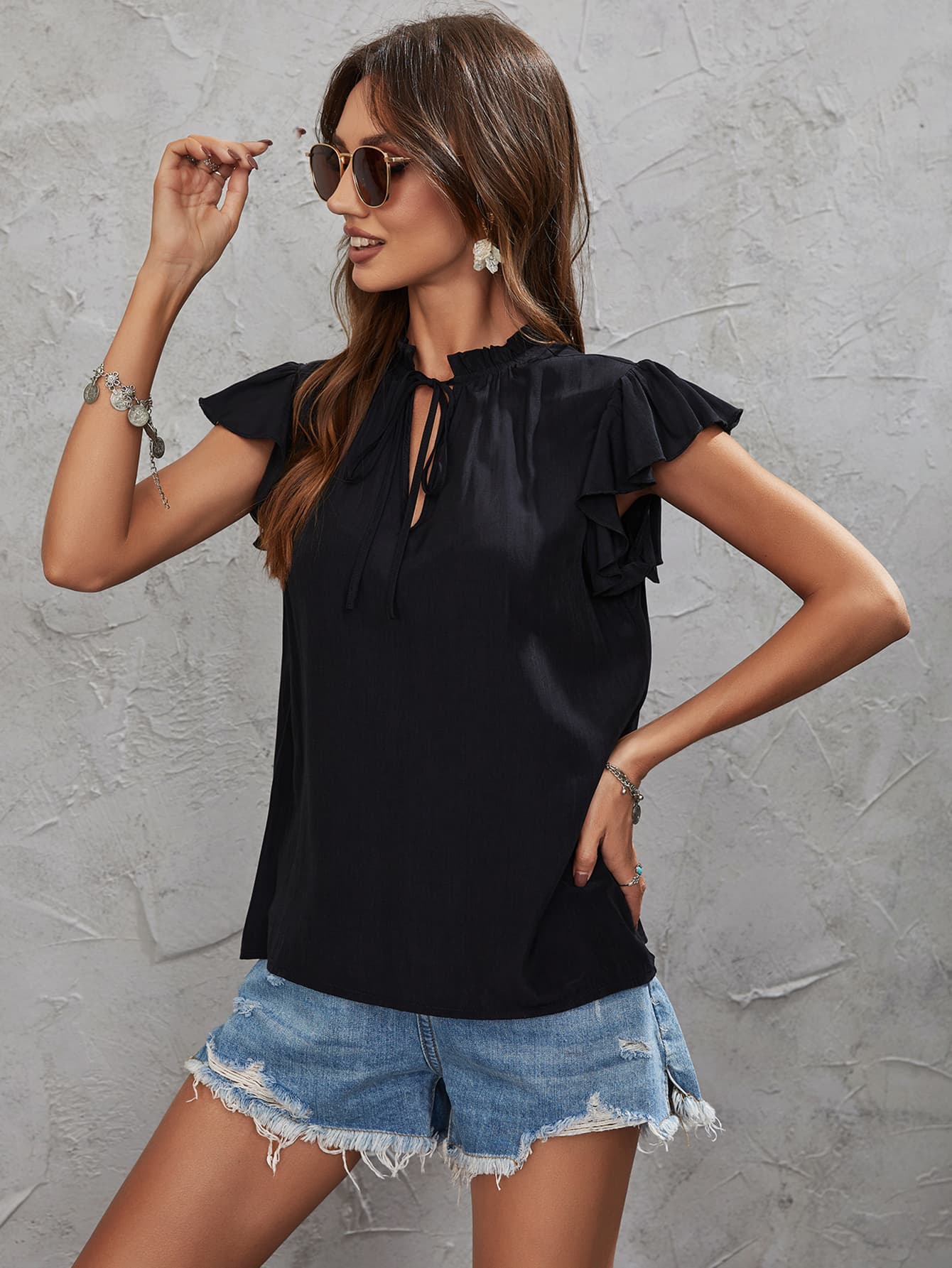 Tie Neck Flutter Sleeve Top - Premium  from Trendsi - Just $22.00! Shop now at Alexi and Gray