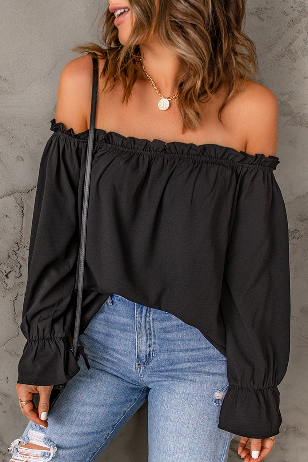 Off-Shoulder Flounce Sleeve Blouse - Premium  from Trendsi - Just $25.00! Shop now at Alexi and Gray