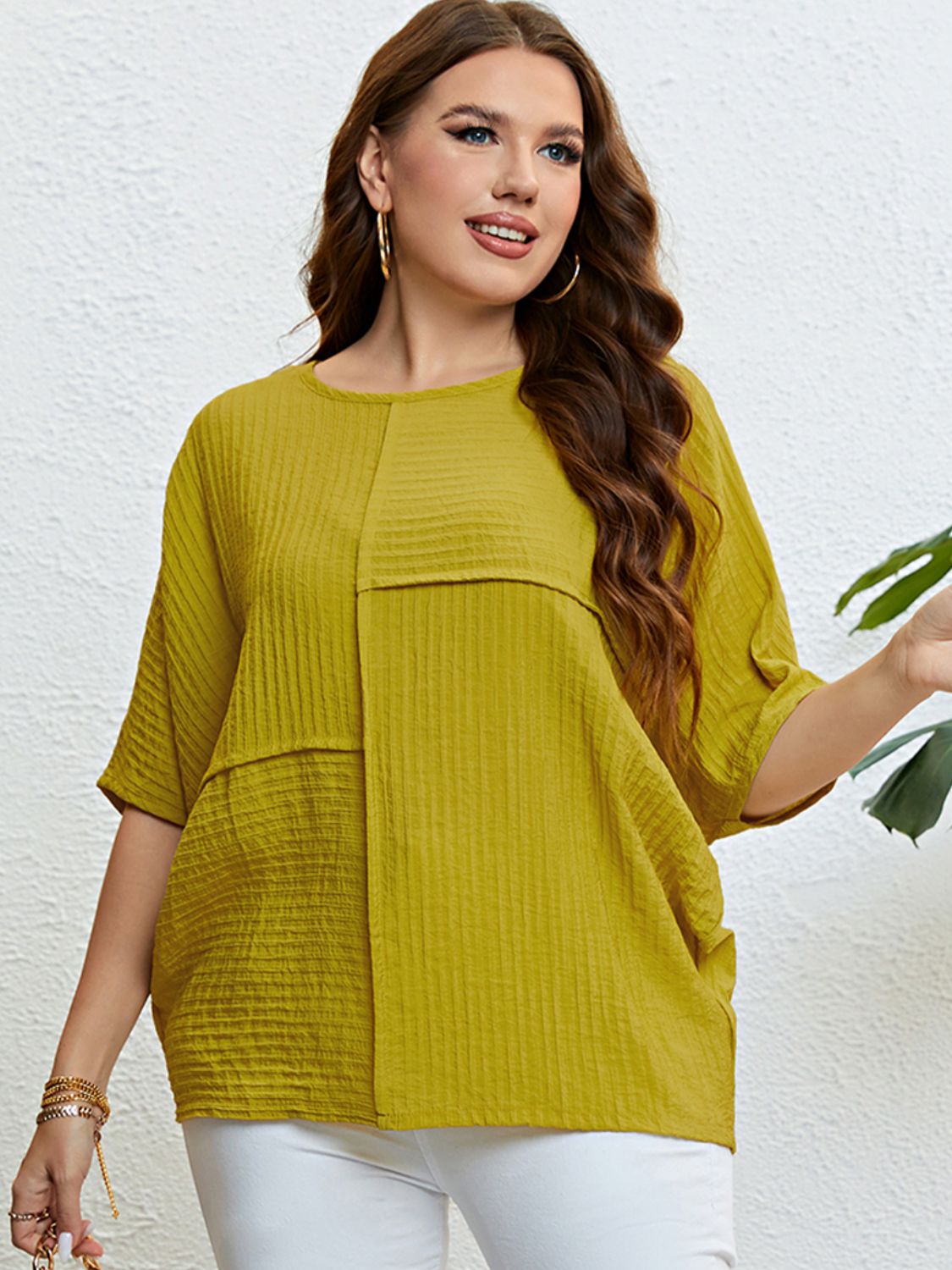 Plus Size Seam Detail Half Sleeve Top - Premium  from Trendsi - Just $25.00! Shop now at Alexi and Gray