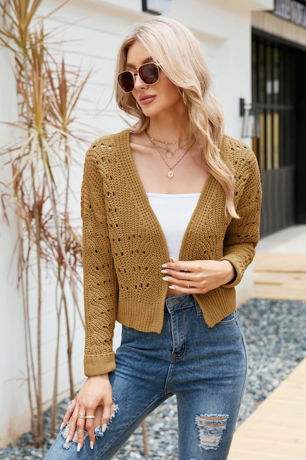 Open Front Cuffed Cropped Cardigan - Premium  from Alexi and Gray - Just $28.00! Shop now at Alexi and Gray