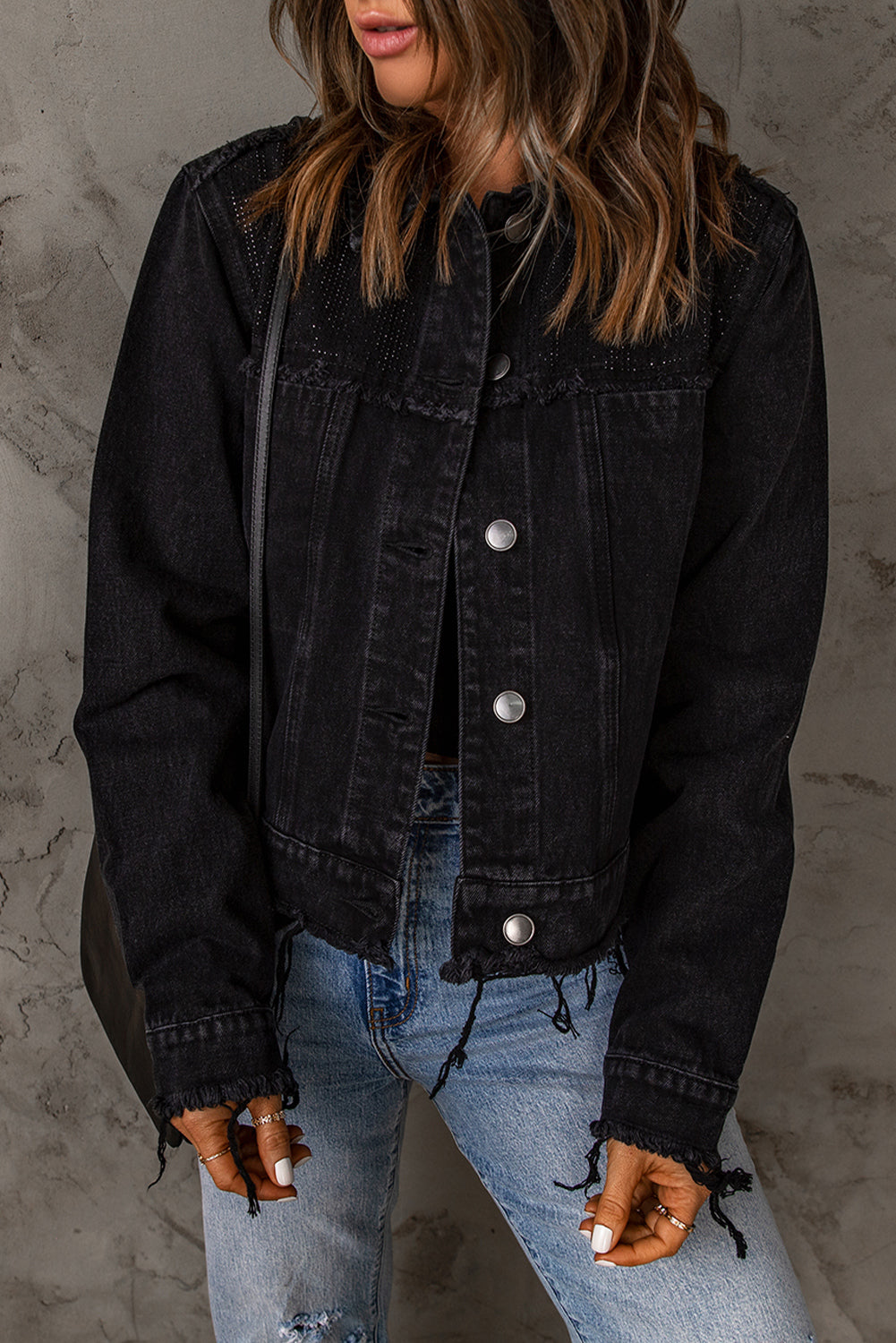 Frayed Trim Button Down Denim Jacket - Premium  from Alexi and Gray - Just $58.00! Shop now at Alexi and Gray