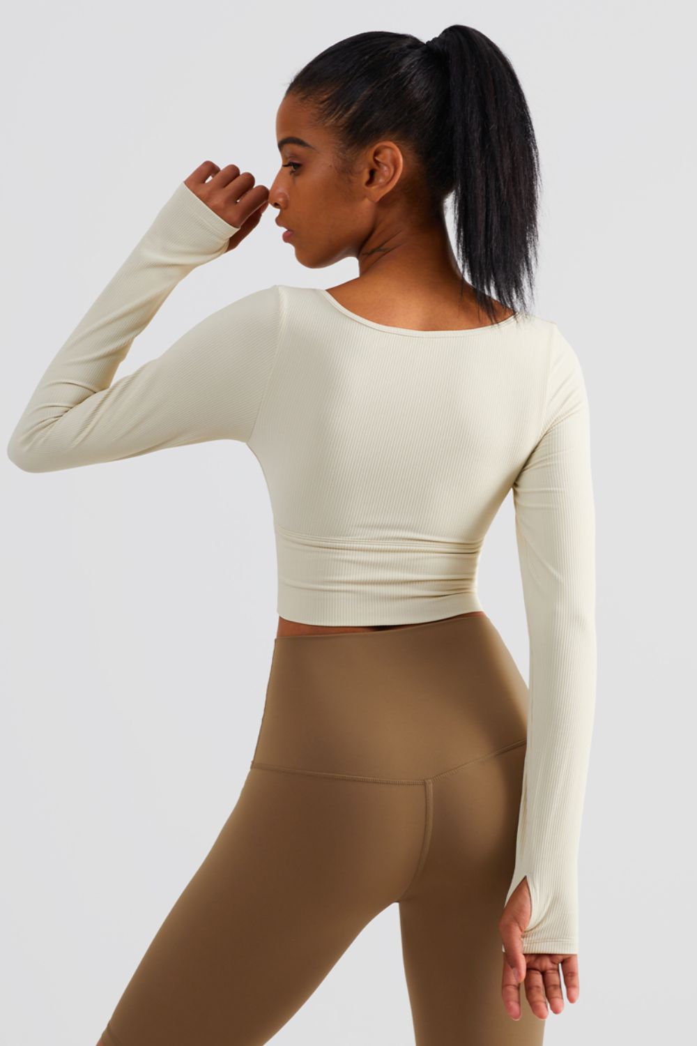 Scoop Neck Thumbhole Sleeve Cropped Sports Top - Premium  from Trendsi - Just $46.00! Shop now at Alexi and Gray